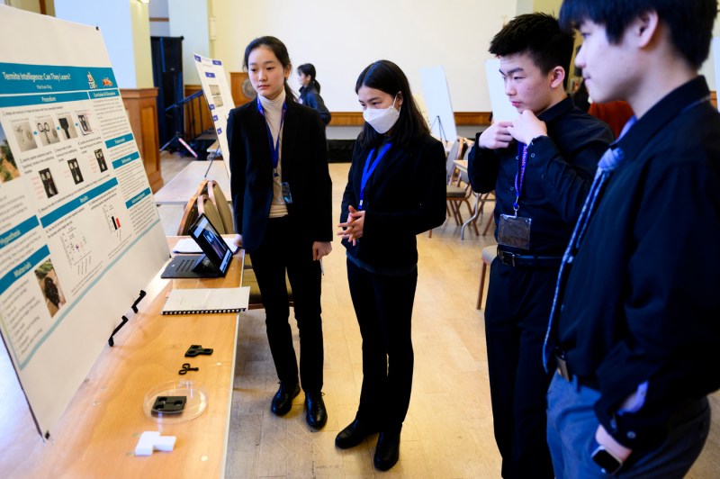 four boston public schools students looking at science fair project