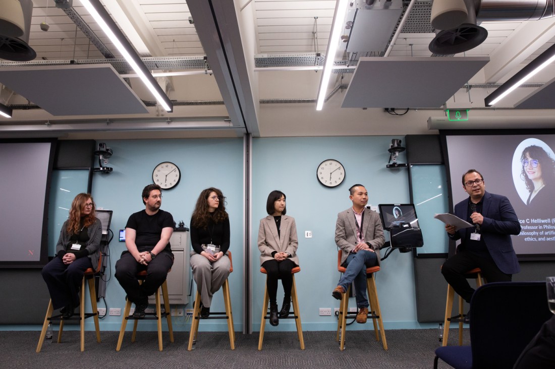 panel of speakers at moderated discussion about AI at Northeastern's Devon House