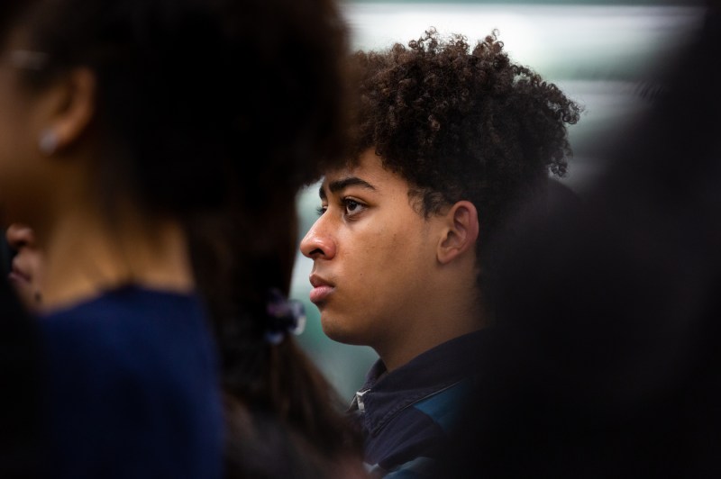 audience member at moderated discussion about AI at Northeastern's Devon House