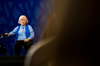 Elizabeth Dopazo speaking at Cabral Center during Holocaust and Genocide Awareness Week.