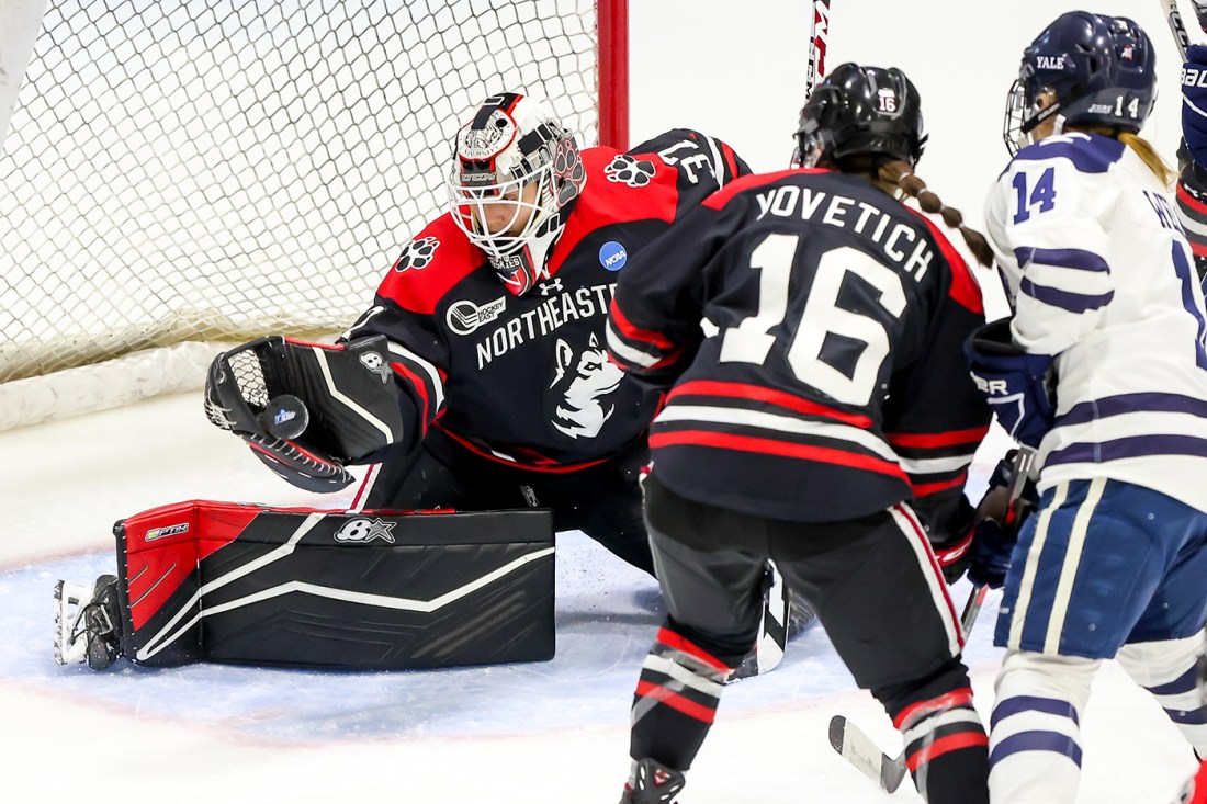 northeastern womens hockey goalie saving a shot on net