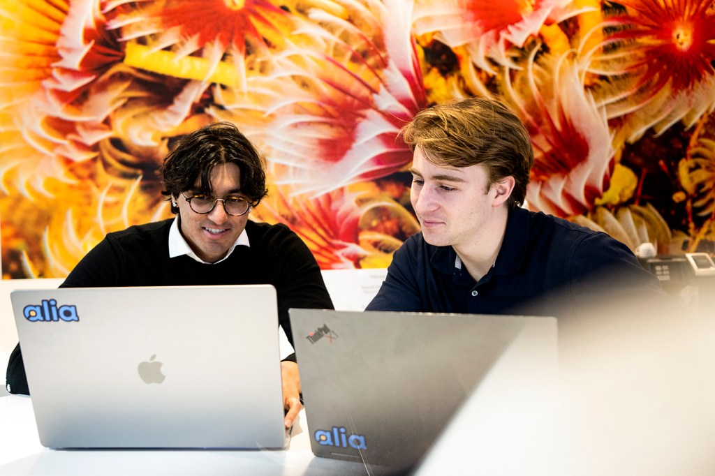 Shaan Arora and Cory Gill working side by side on their laptops