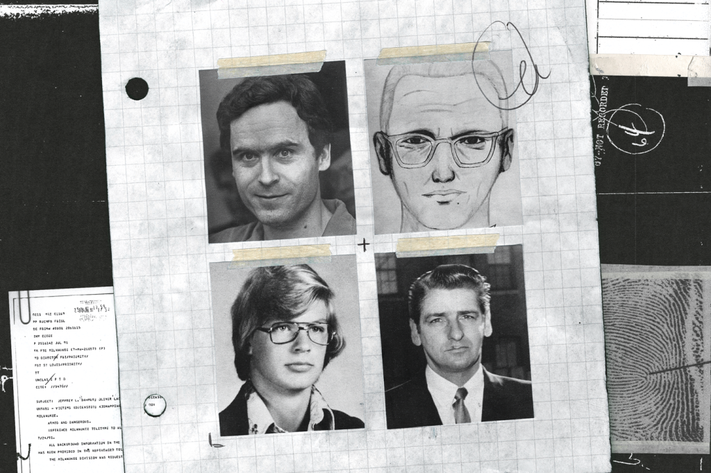 headshots of Ted Bundy, the Zodiac Killer, Jeffrey Dahmer, and The Boston Strangler