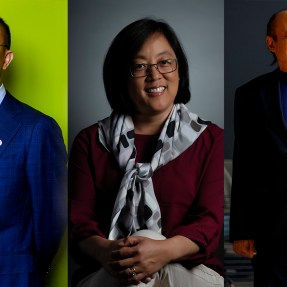 headshot of Guohao Dai (left), Aileen Huang-Saad (middle) and Srinivas Sridhar (right)