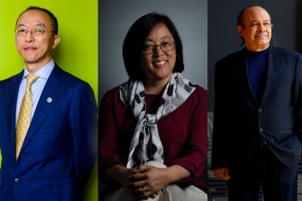 headshot of Guohao Dai (left), Aileen Huang-Saad (middle) and Srinivas Sridhar (right)