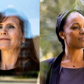 two portraits of women facing in opposite directions