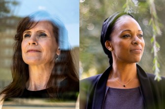 two portraits of women facing in opposite directions