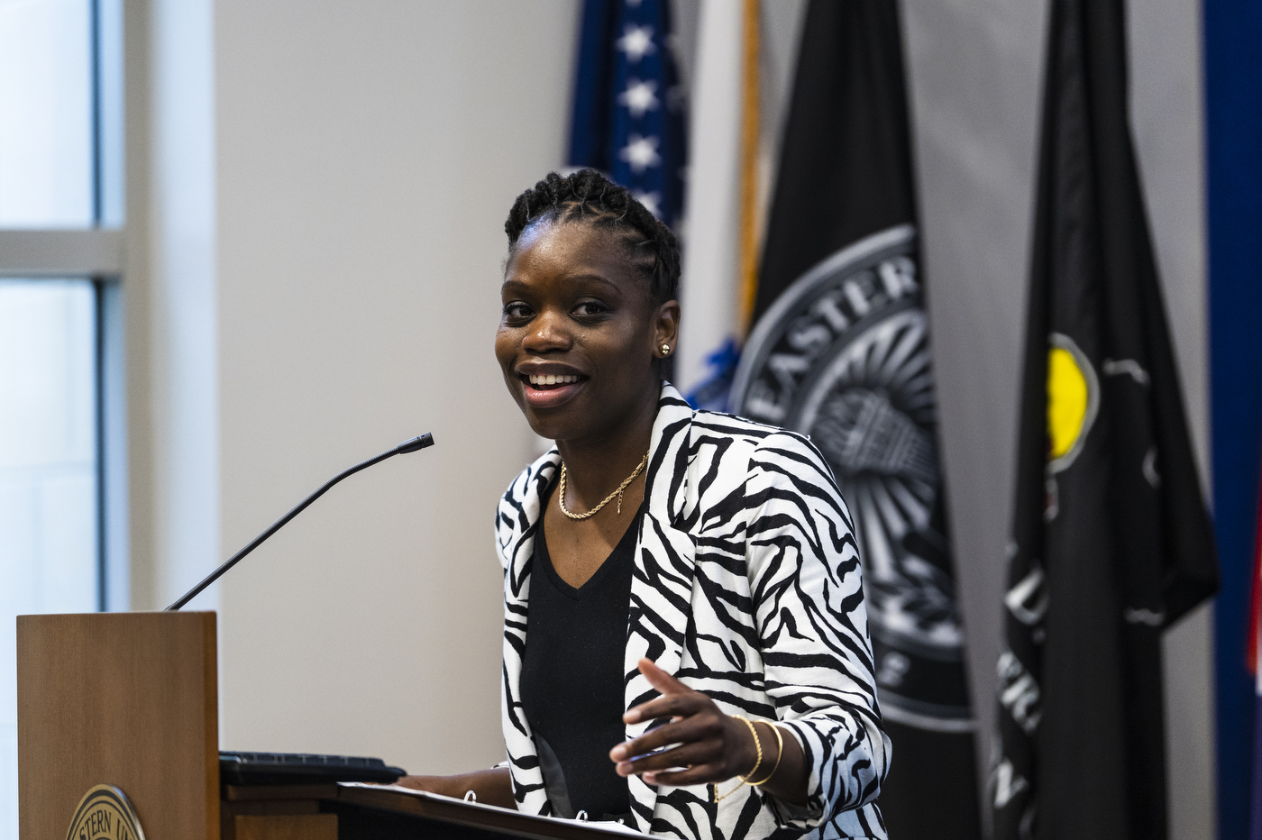 Kharlita Chambers-Walker speaking at the City of Boston Northeastern University scholarship reception