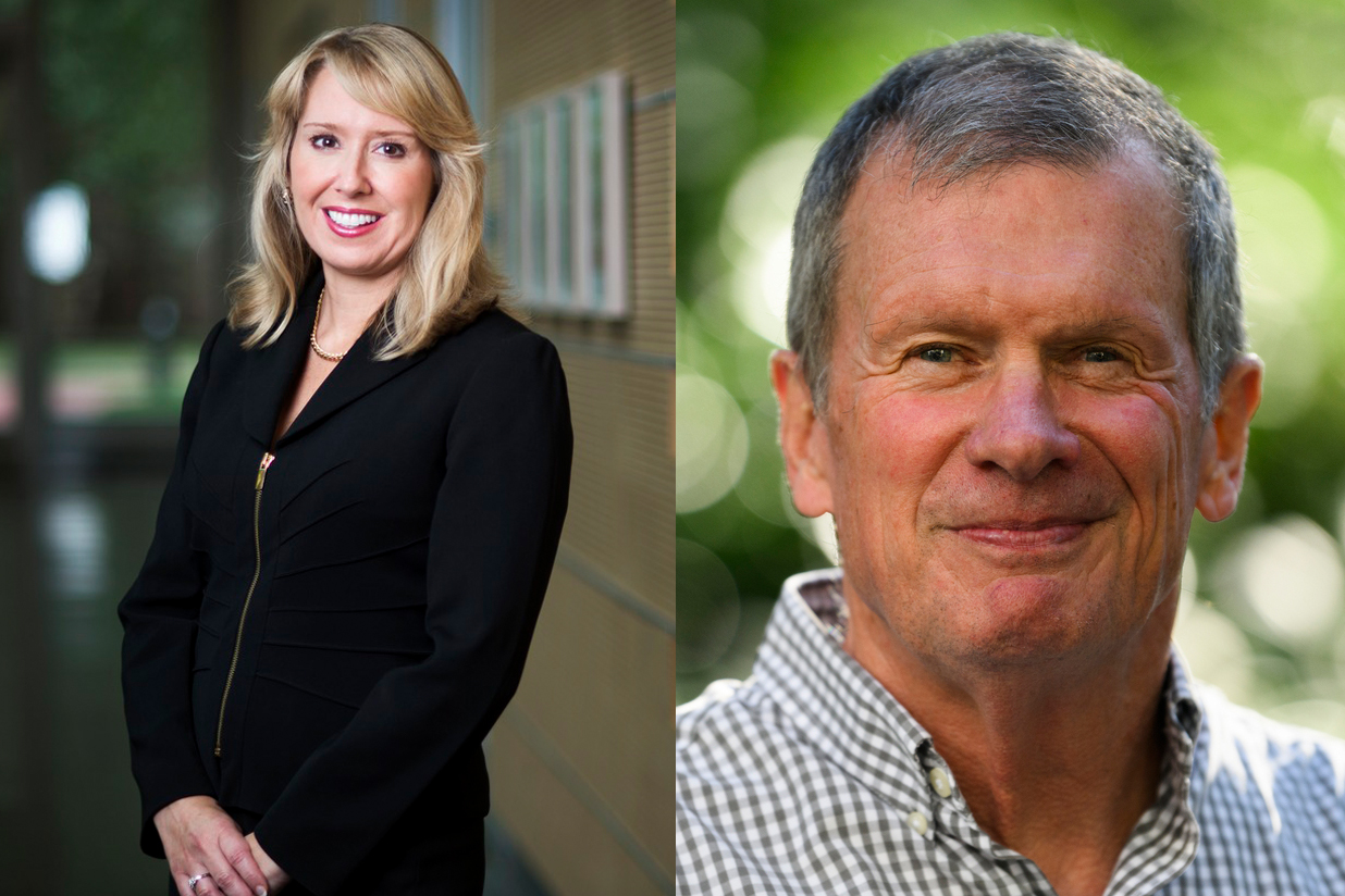 headshot of Kimberly Eddleston (left) and Ted Clark (right)