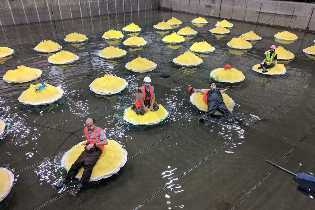 Scientist in a yellow kayak maneuvering a bundle into water