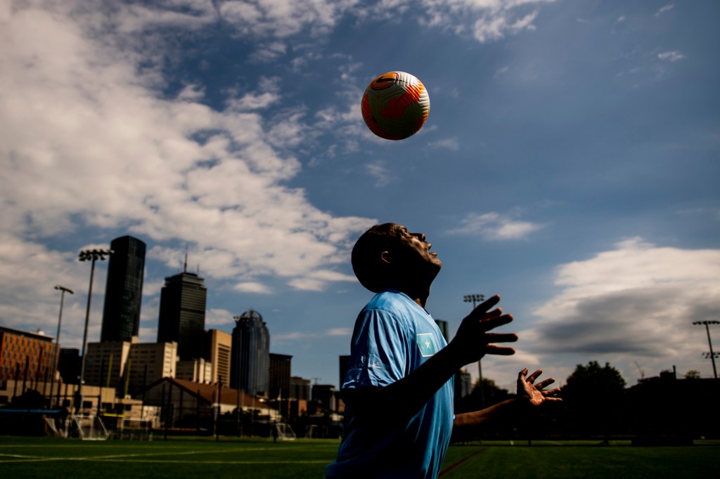 Abdillahi (Mash) Abdirahman bouncing a soccer ball on his head