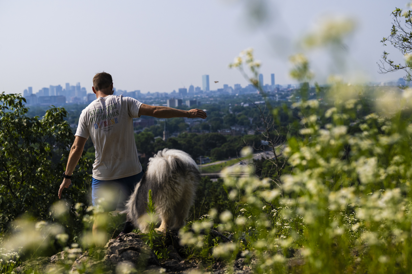 David Fatula and his dog hiking in Middlesex Fells