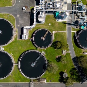 aerial shot of a wastewater treatment plant