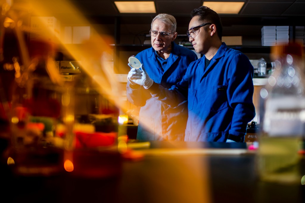 Kim Lewis and Yu Imai in a lab