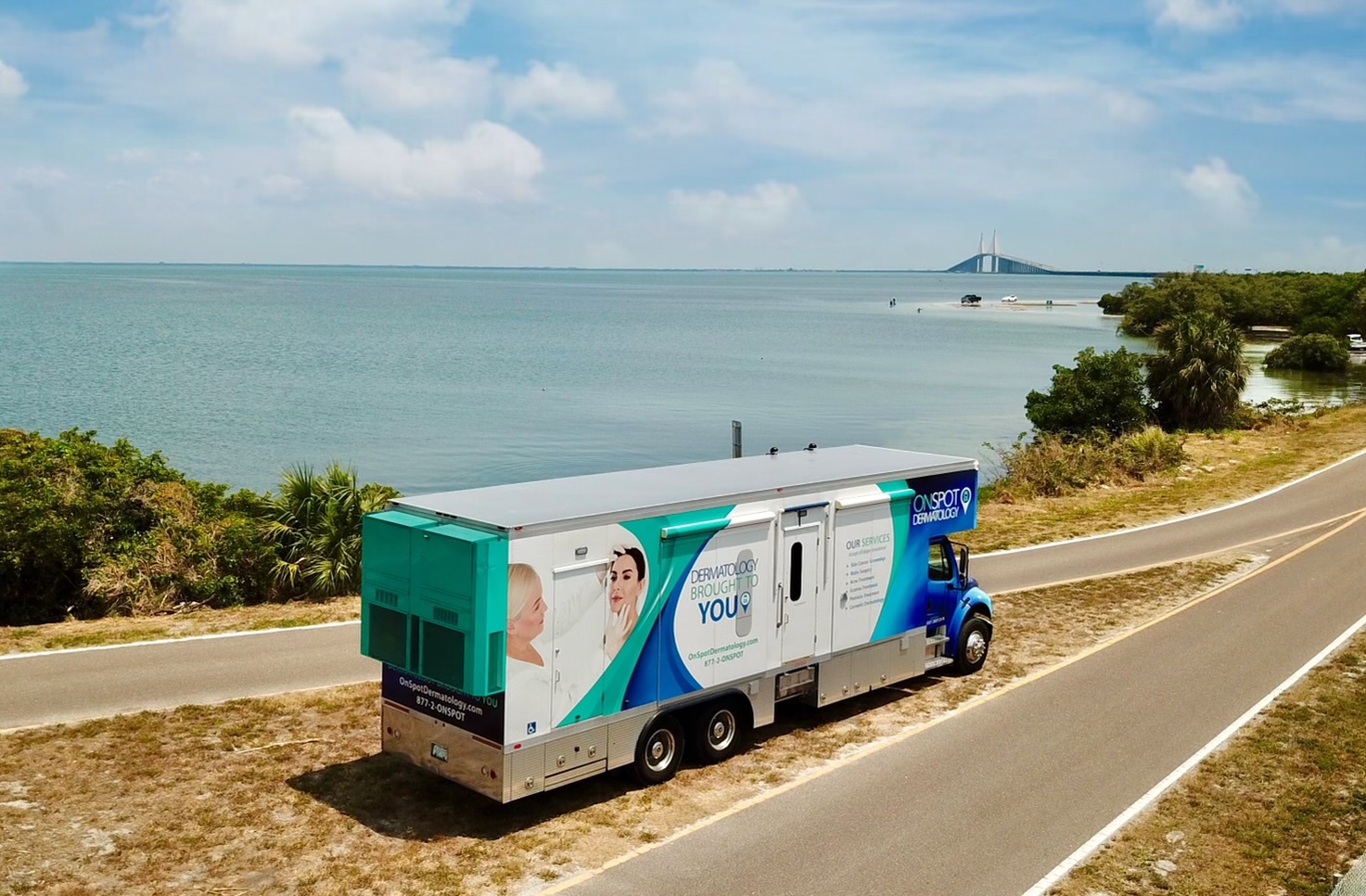 OnSpot Dermatology truck parked on the road in West Palm Beach, Florida