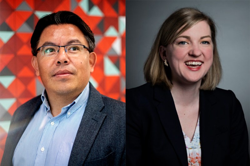 headshot of Mauricio Santillana (left) and Kristin Kostka (right)