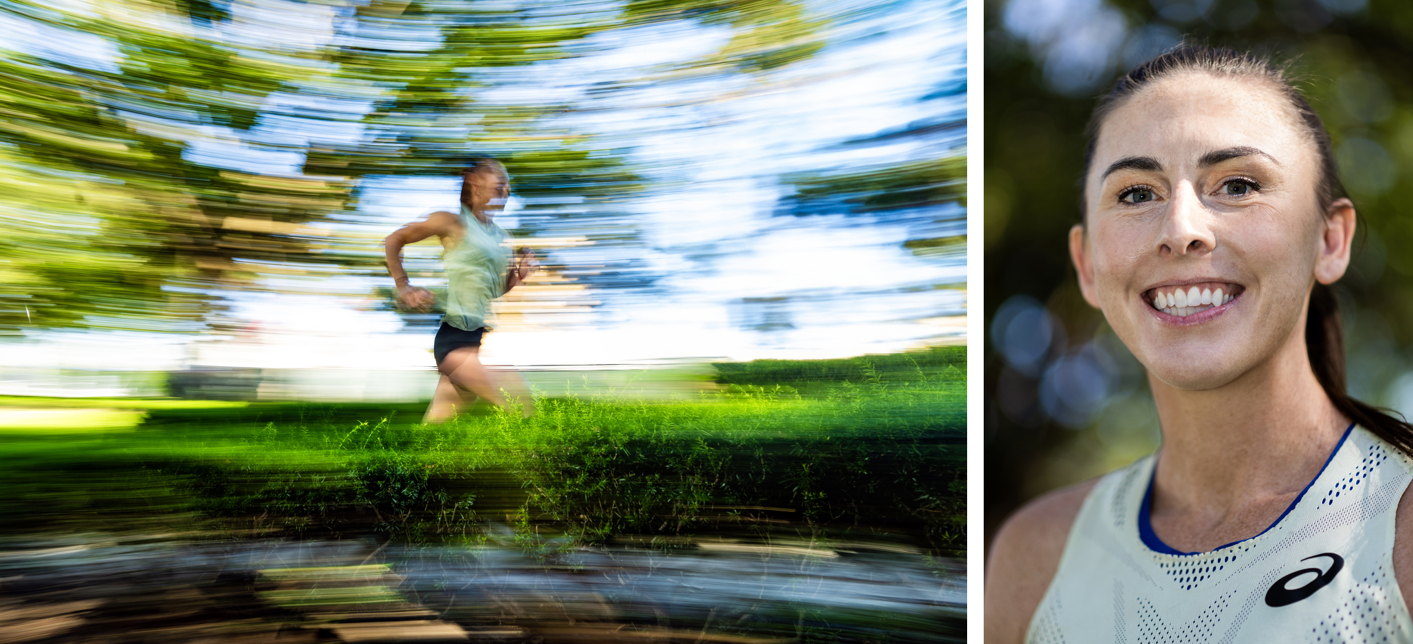 Laura Green, an influencer comedian, runs through trees and bushes.