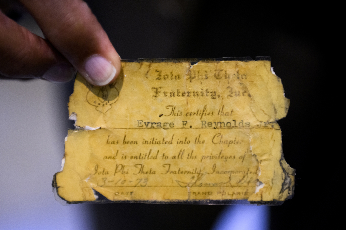 Original Iota Phi Theta fraternity membership card.