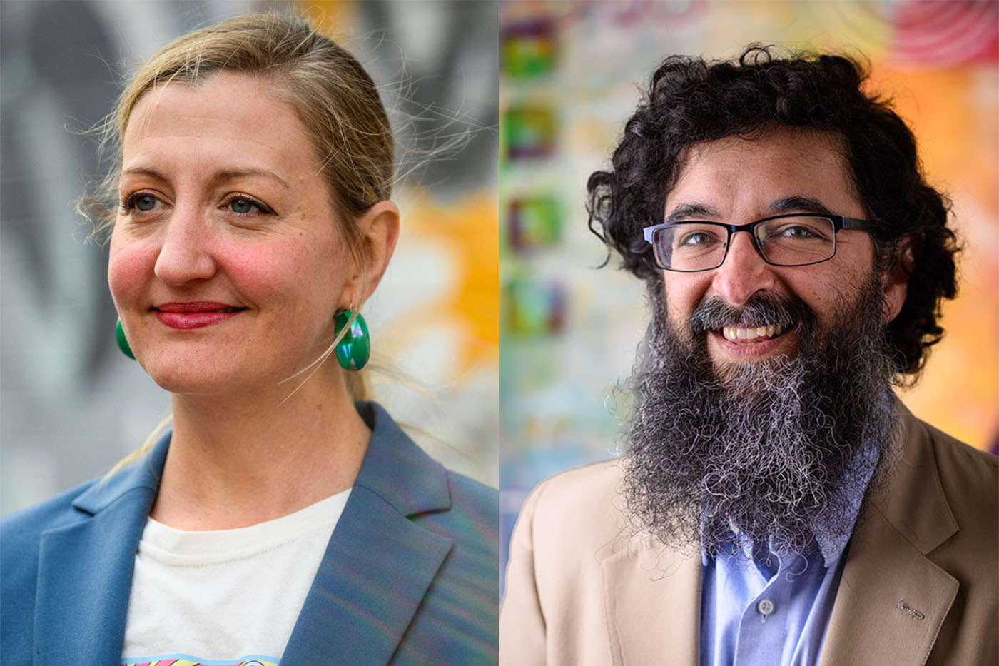 Headshot of Rebekah Moore (left) and Andrew Mall (right).