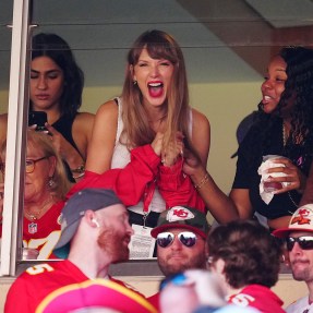 Taylor Swift cheering at a Kansas City Chiefs game at Arrowhead Stadium in Missouri.