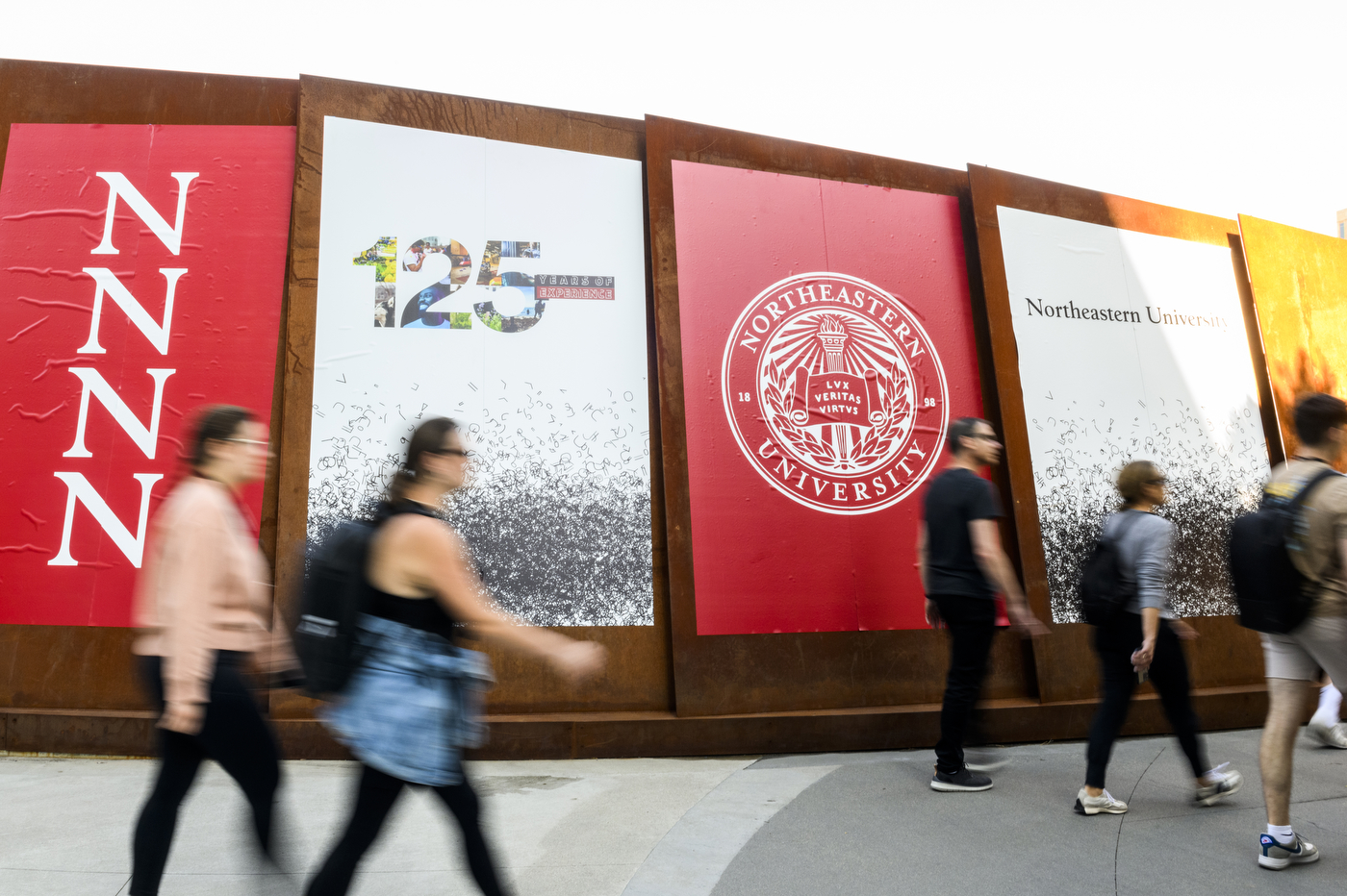 Northeastern 125 interactive timeline on ISEC pedestrian bridge.