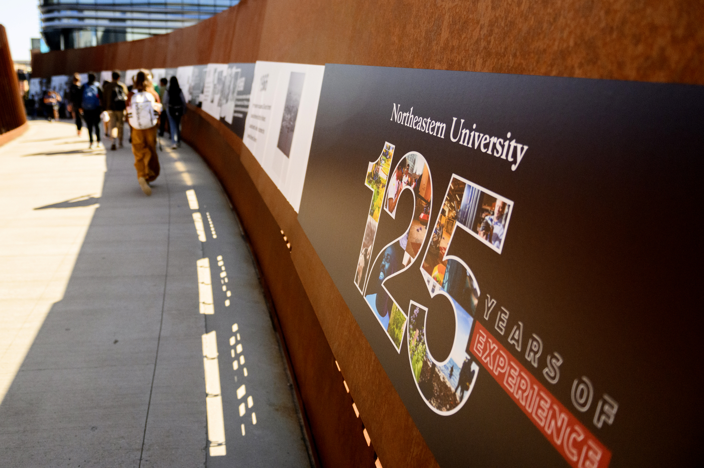 Northeastern 125 interactive timeline on ISEC pedestrian bridge.