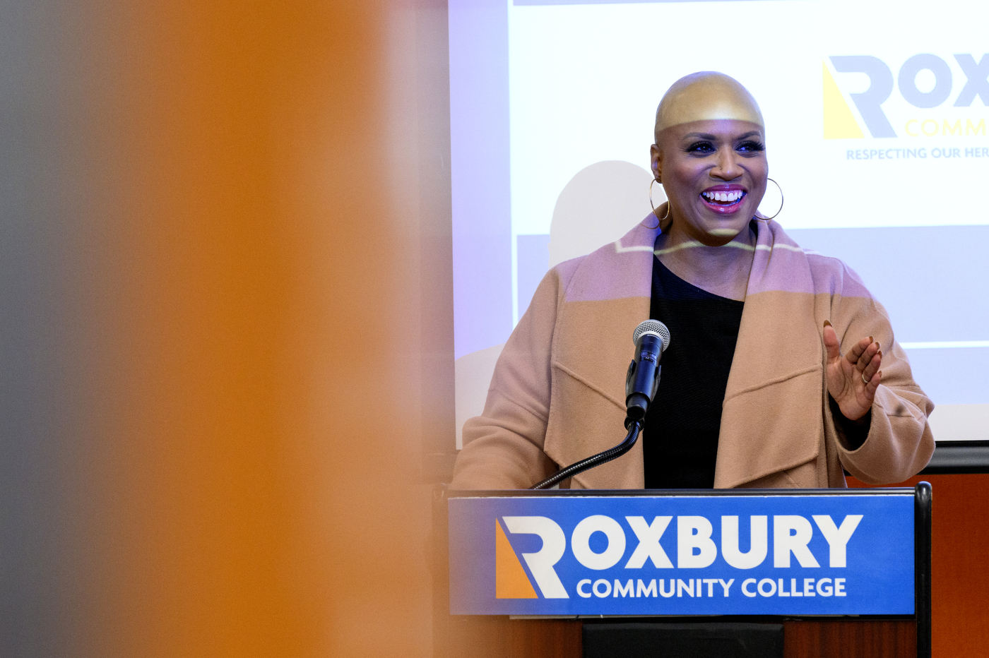 U.S. Rep. Ayanna Pressley speaking at Roxbury Community College.