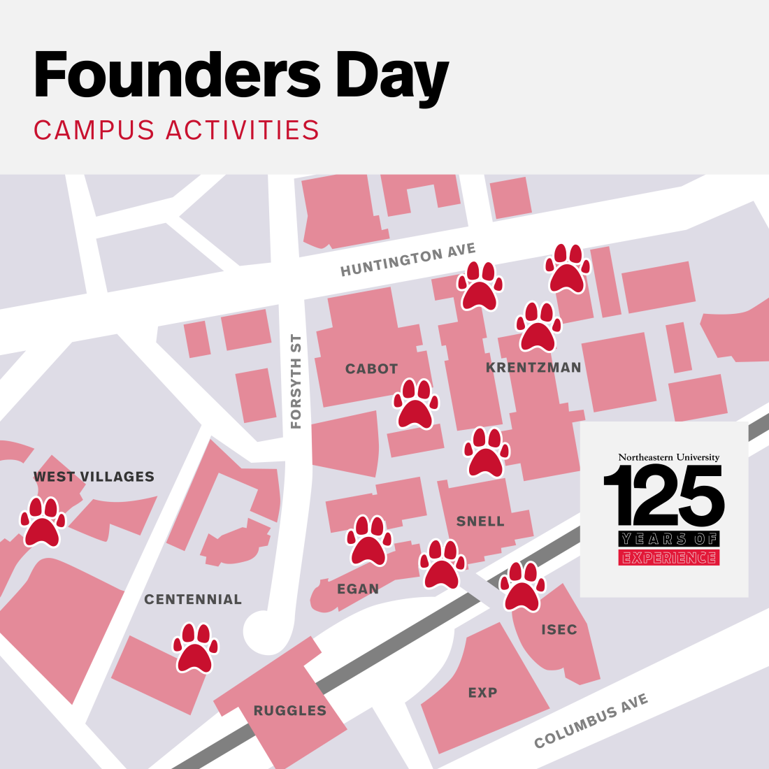 Red paw prints across the map of Northeastern's Boston campus.