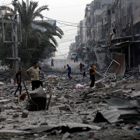 Rubble piled up around buildings after an airstrike in the Israel Hamas war.