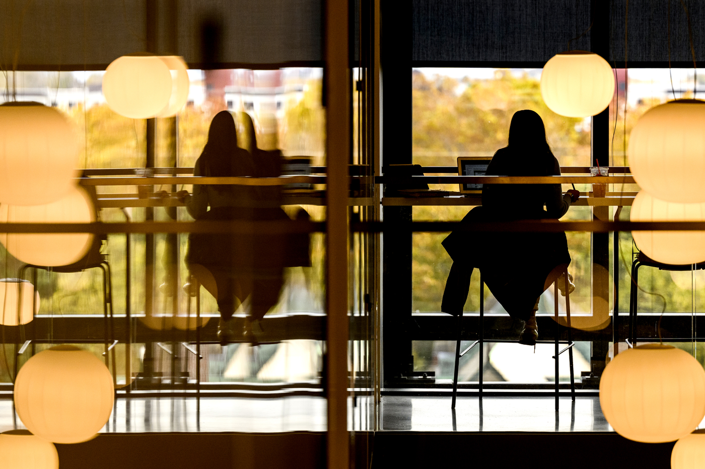 A person sits in a brightly lit room, studying.