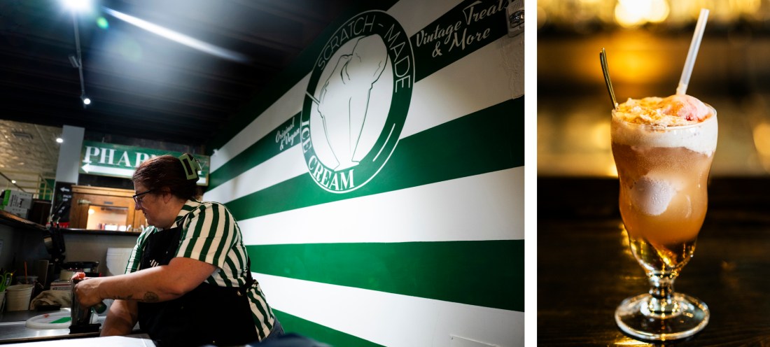 Worker wearing a green and white striped shirt scooping ice cream at the Green Line Apothecary.