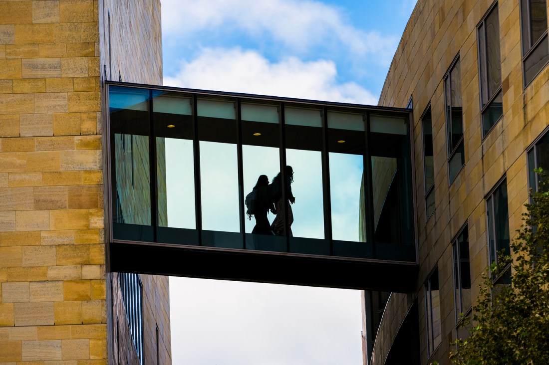 Silhouetted members of the Northeastern community walking in a glass bridge connecting two buildings. 