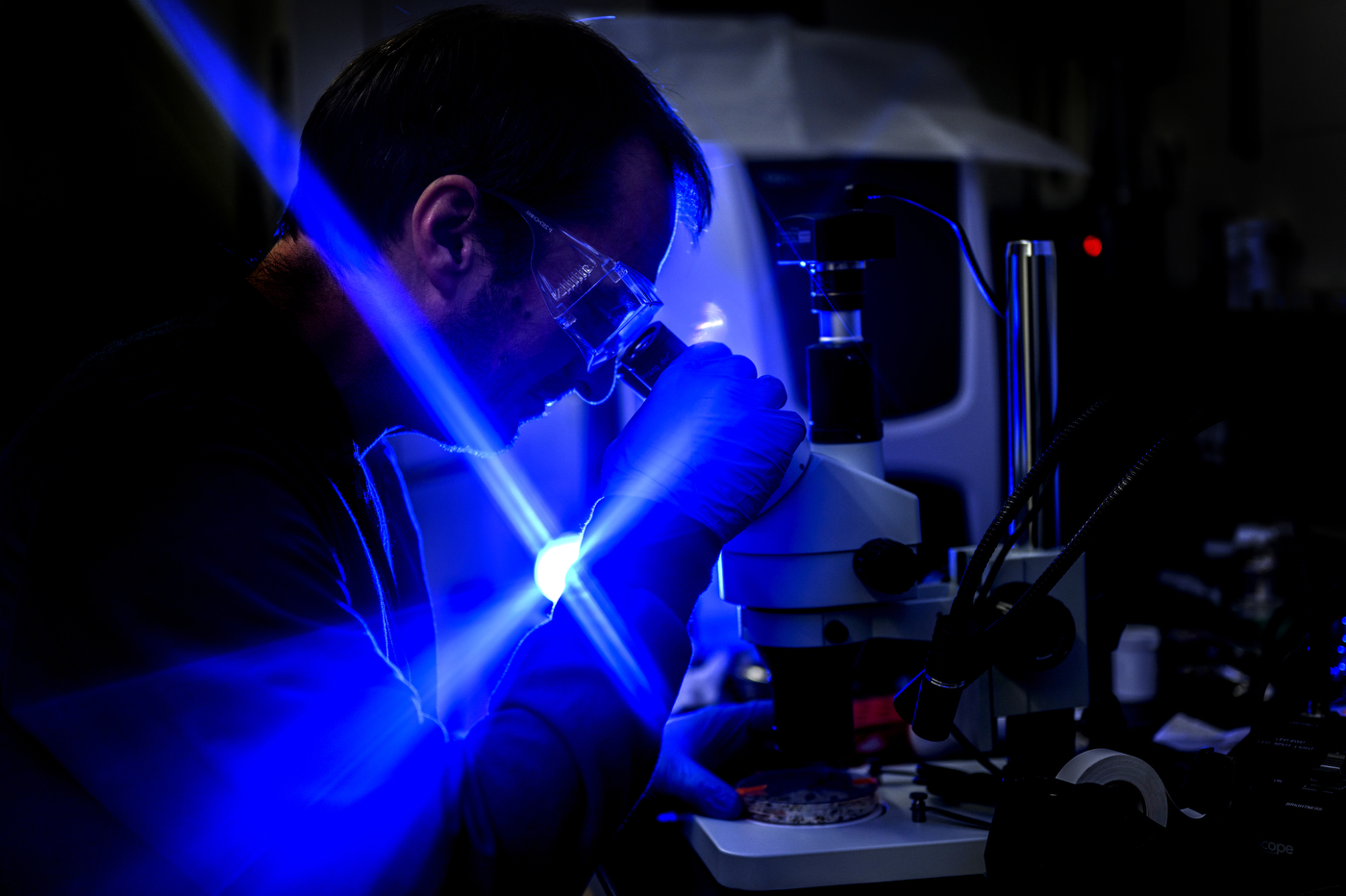 Aron Stubbins inspecting microplastics under a microscope.