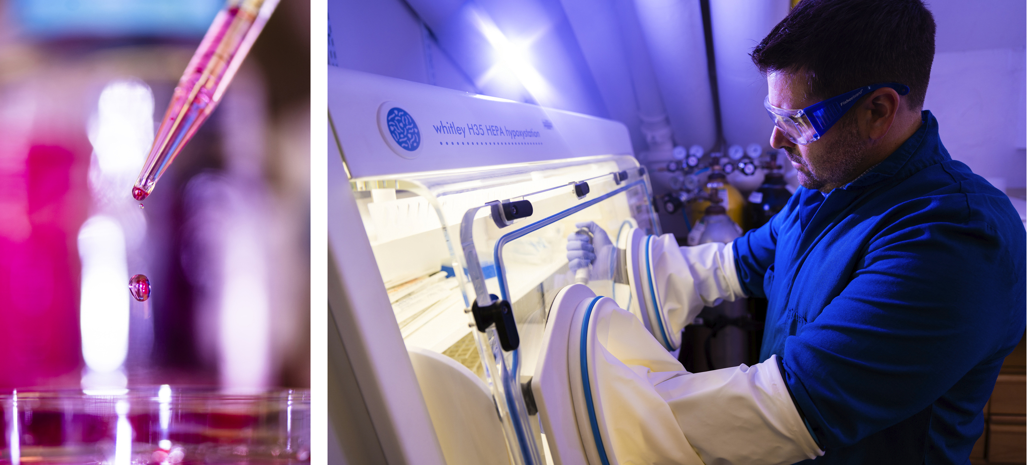 Stephen Hatfield wearing goggles using a cell culture incubator in a lab.