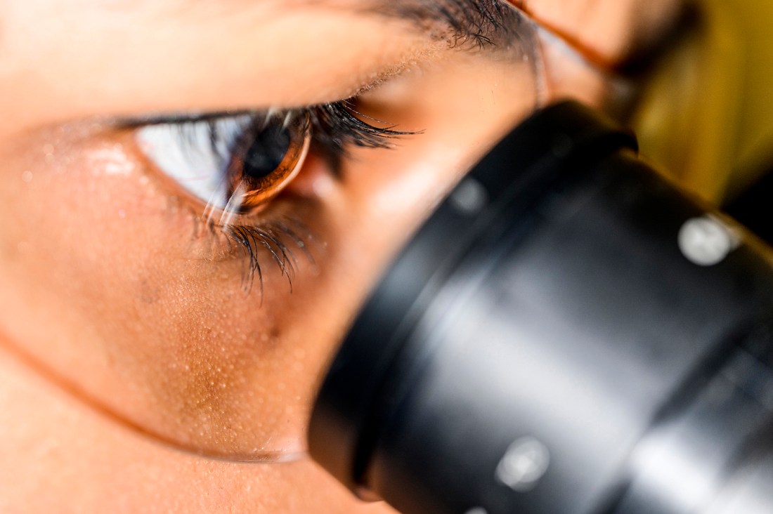 An eye looks into a microscope.