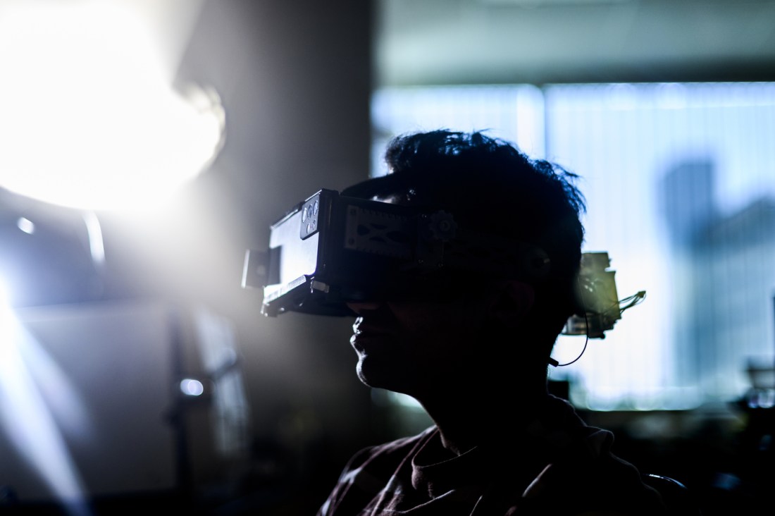 Person wearing a VR headset.