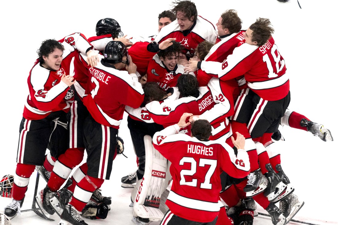 Mens hocke players jumping on each other after winning a game.
