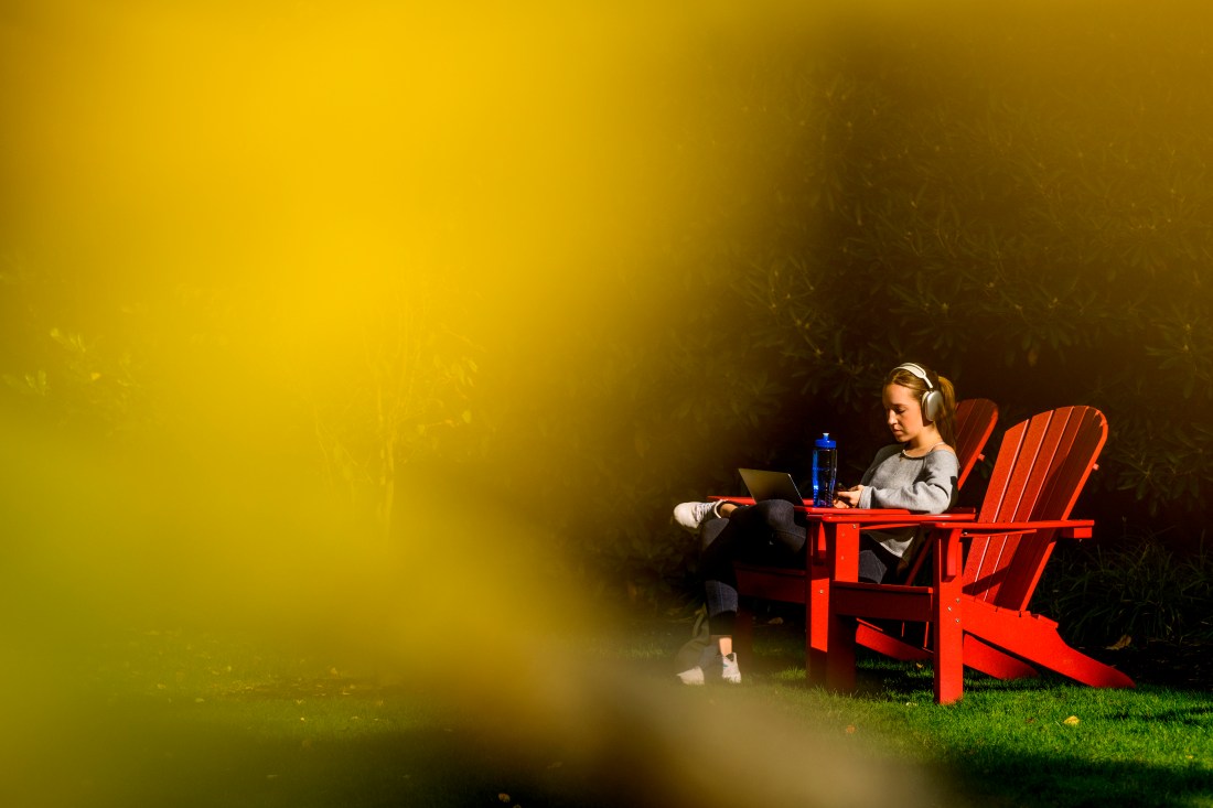 Northeastern community member studying in a red adirondack chair outside. 