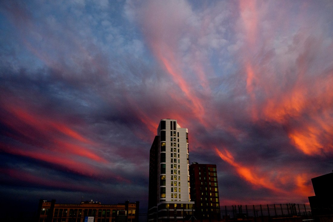 A red and purple sunset over the Boston campus. 