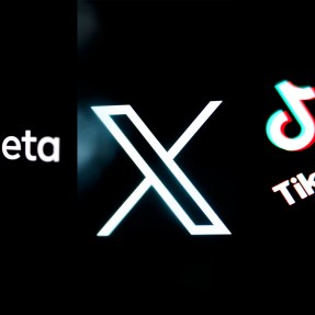 Meta, TikTok, and 'X' social media logos are displayed over a black background.