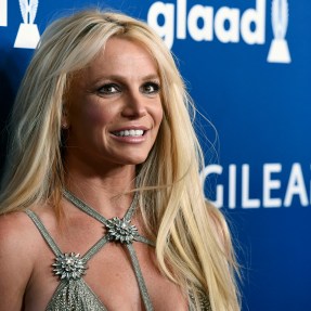 Britney Spears posing for photos at the GLAAD Media Awards in 2018.