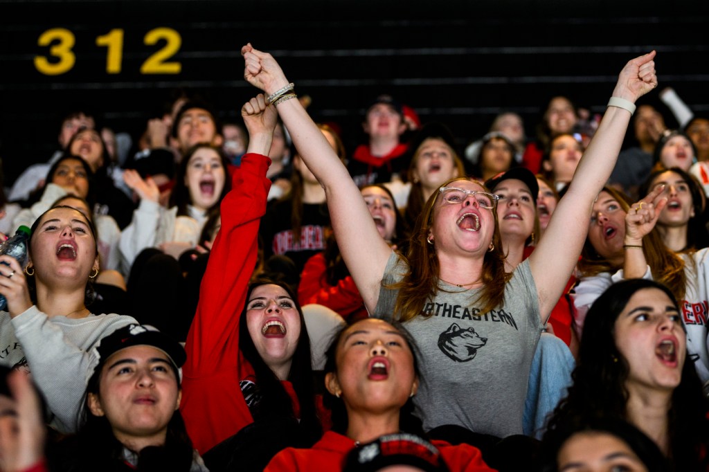 Crowd of Northeastern fans cheering on the men's hockey team.