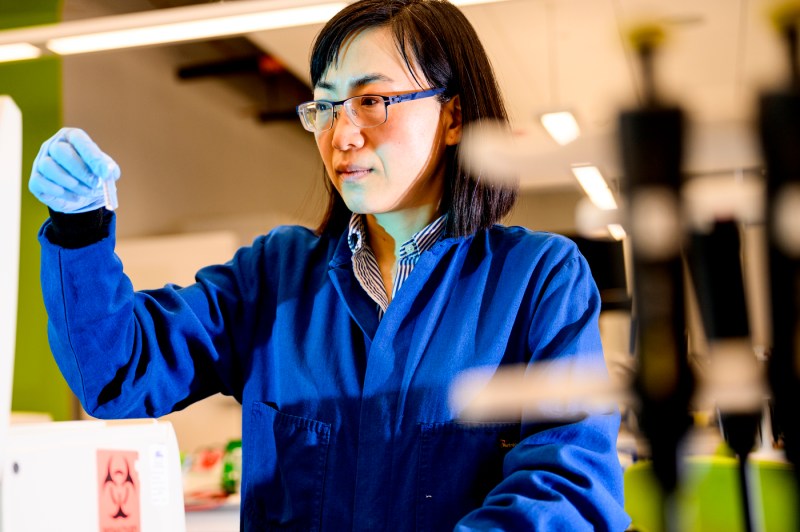 Wei Xie holding a lab sample.