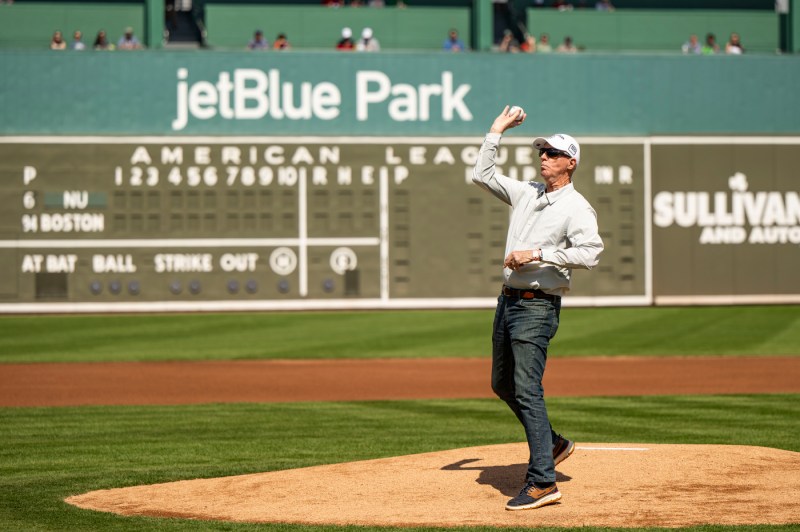 Paul Gavin throwing the first pitch at jetBlue Park.