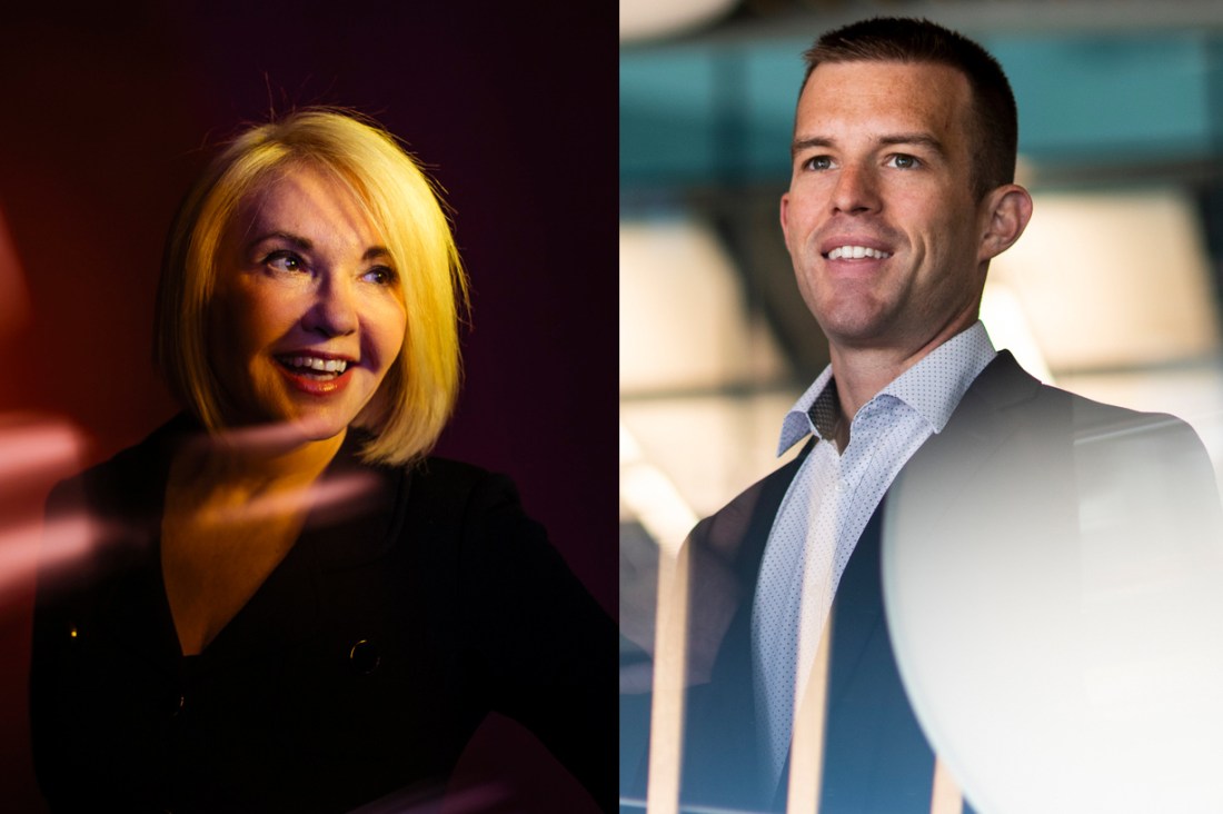 Headshot of Nada Sanders (left) and John Lowrey (right).