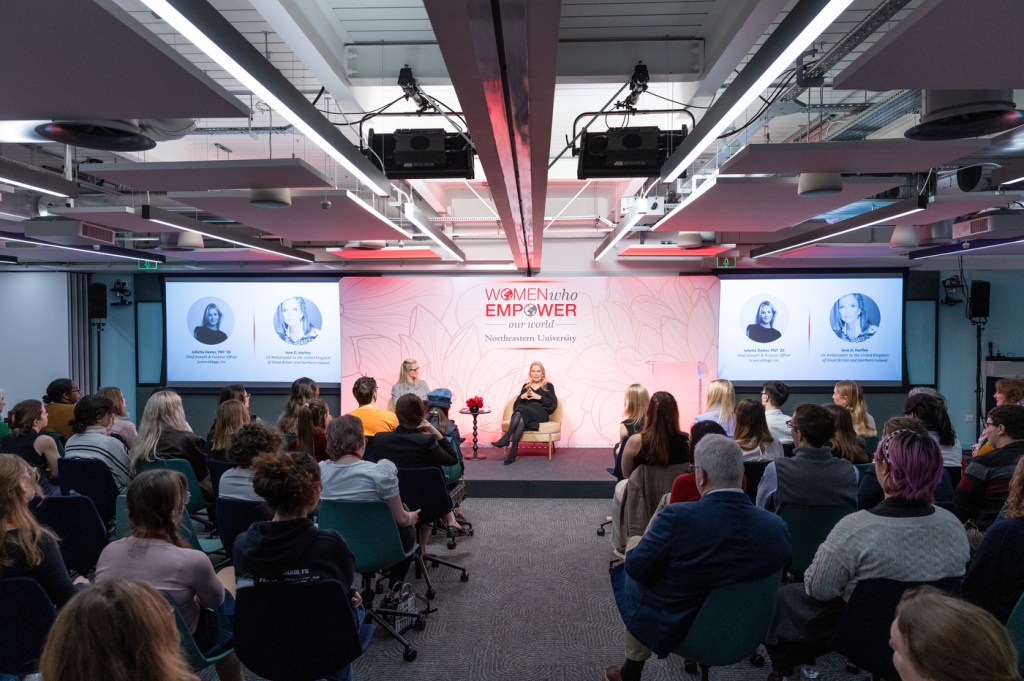 Jane Hartley speaking at an event at Devon House in London.