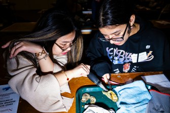 Students dissecting an oyster.