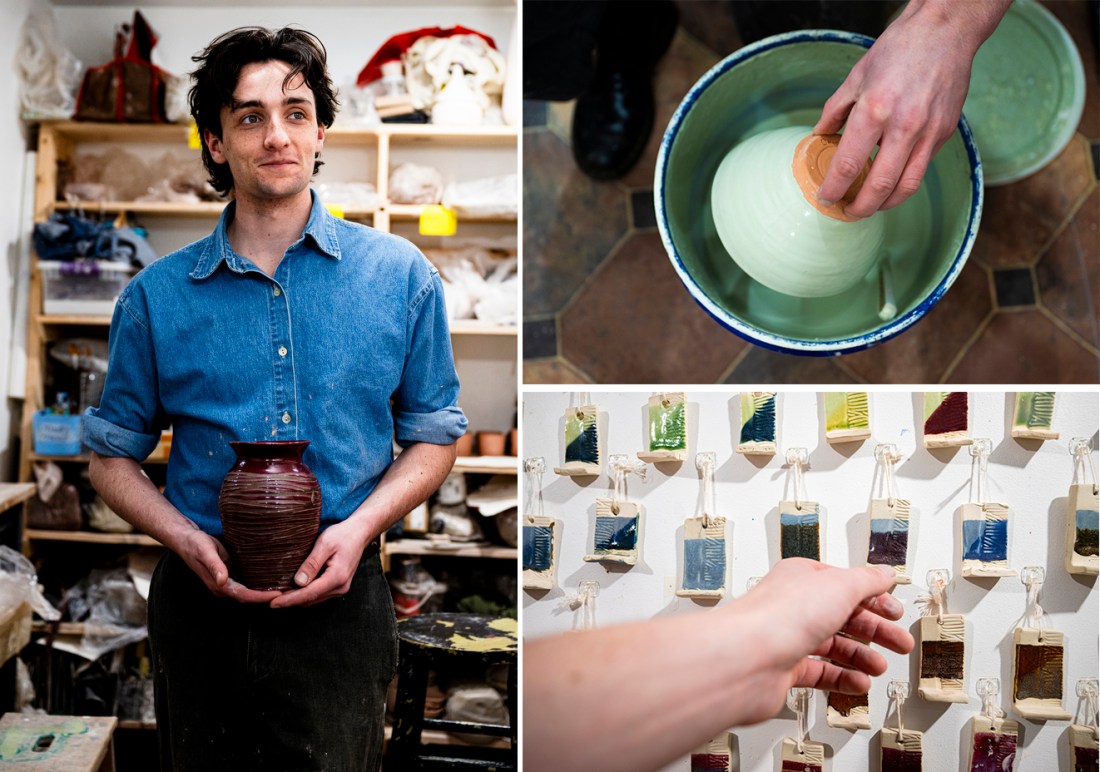 David Chatson posing with his pottery.