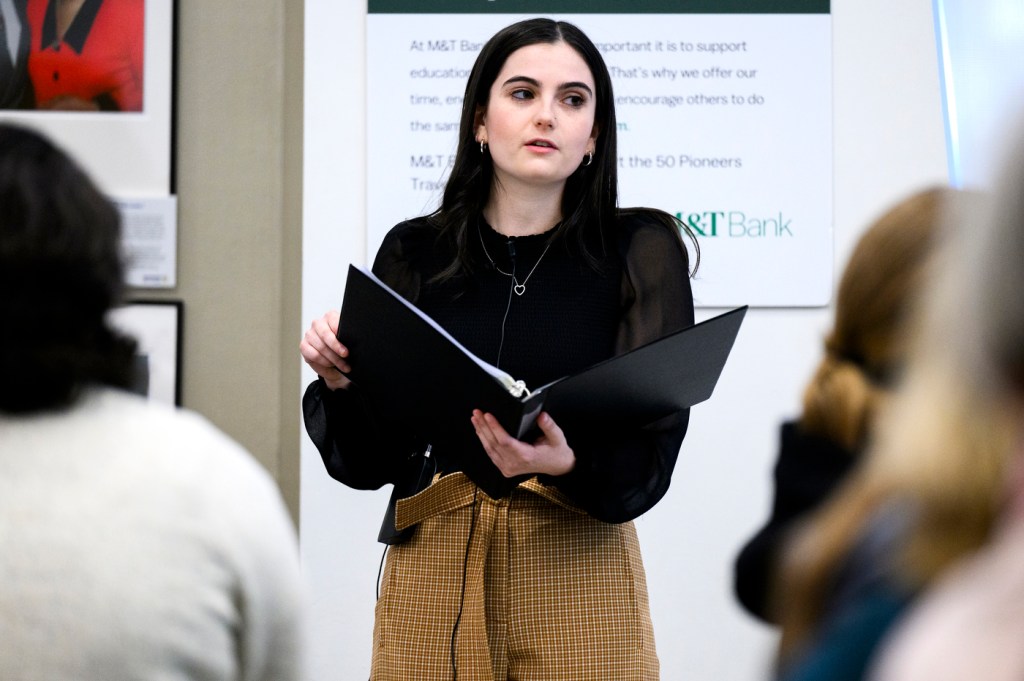 Headshot of Andie Weiner delivering the Holocaust Legacy Foundation Gideon Klein Presentation.