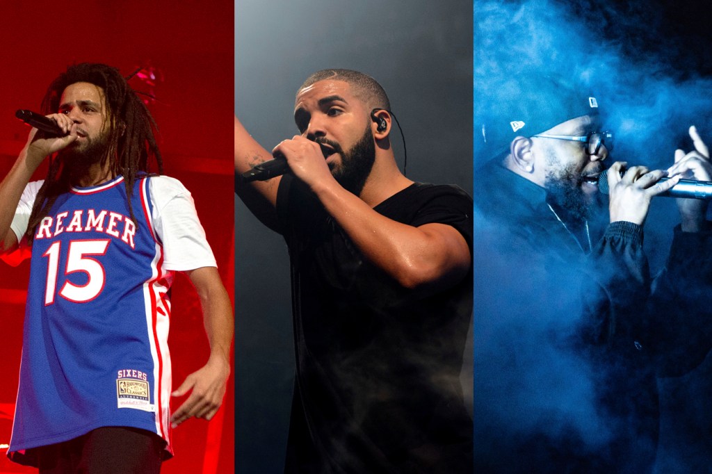 Collage photo of Kendrick Lamar, Drake, and J Cole all performing at their concerts.